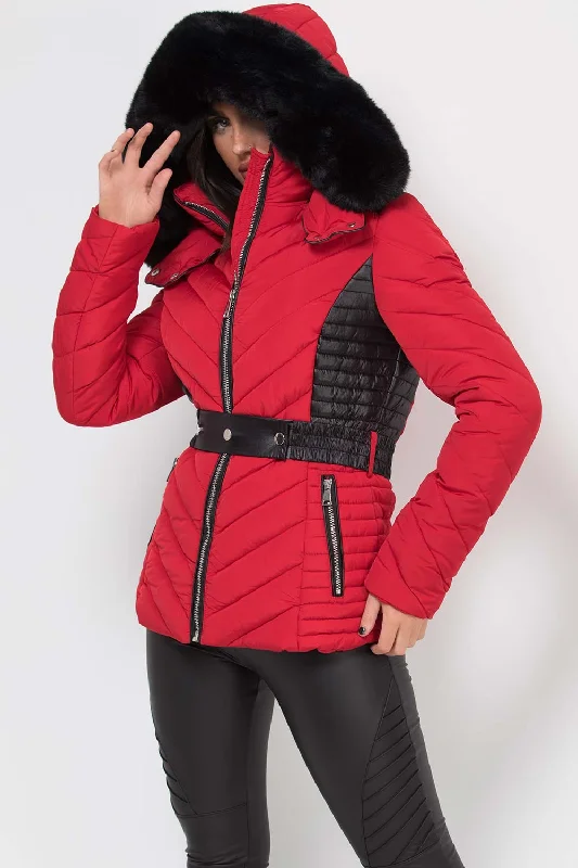 Major Savings Puffer Quilted Jacket With Faux Fur Hood And Belt Red