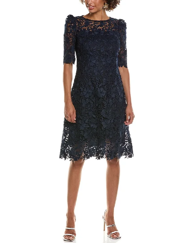 Teri Jon by Rickie Freeman Lace Jewel Neck Elbow-Sleeve Sheath Dress