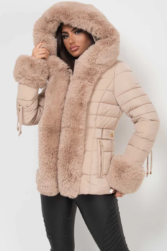 Deal of the Week Beige Puffer Jacket With Faux Fur Hood And Cuff