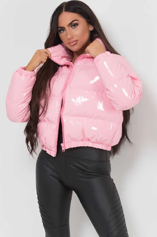 Best Seller Shiny Crop Puffer Jacket Pink