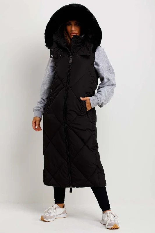 Black Long Puffer Gilet With Fur Hood