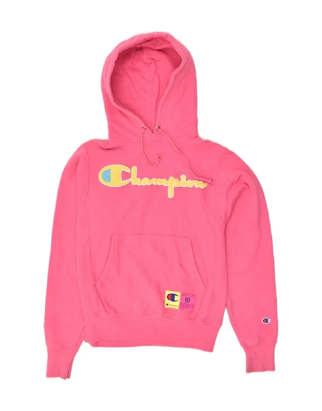 CHAMPION Womens Graphic Hoodie Jumper UK 6 XS Pink Cotton