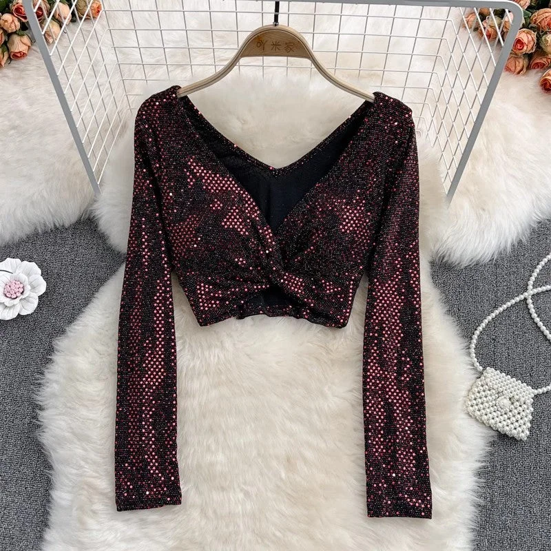 Buy More, Save More sequin V-neck pleated sexy shirt for women, fashionable short top    S4106