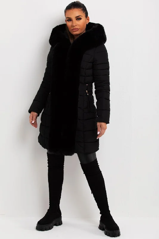 Massive Deals Puffer Padded Coat With Faux Fur Hood Black
