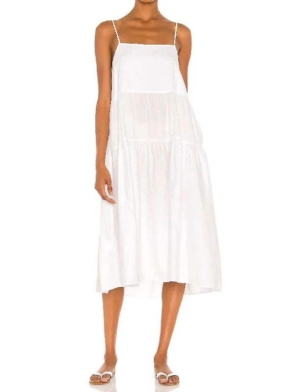 Cotton Strappy Tiered Dress In White