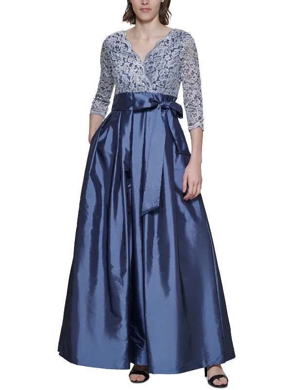 Closeout Womens Lace Trim Belted Evening Dress