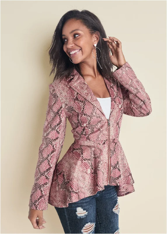 Must-Have Deals Python Print Hi-Low Faux Suede Jacket - Pink Multi