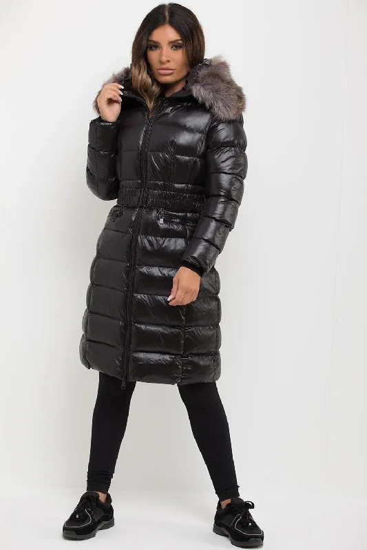 The Best Prices Black Long Puffer Padded Jacket With Faux Fur Hood & Belt