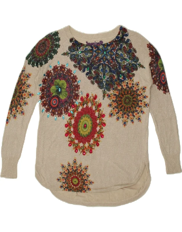 New Markdowns DESIGUAL Womens Graphic Boat Neck Jumper Sweater UK 6 XS Beige Floral