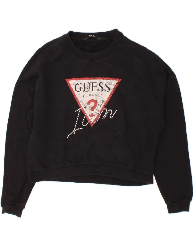 GUESS Womens Oversized Crop Graphic Sweatshirt Jumper UK 6 XS Black Cotton