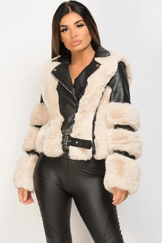 Blowout Deals Beige Faux Fur Faux Leather Aviator Jacket Black