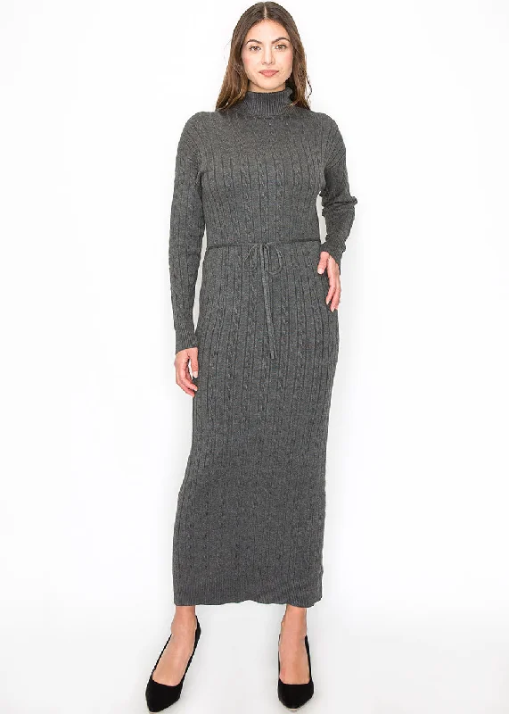 Long Grey Knit Dress with Belt