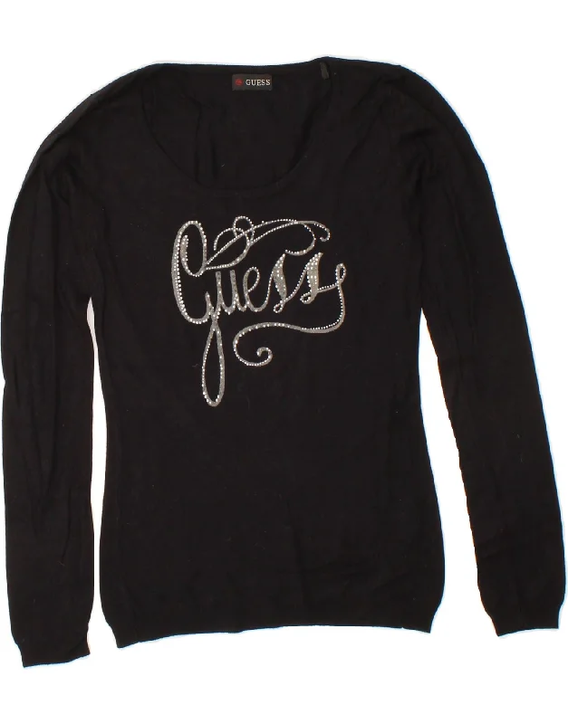 Discount Deals GUESS Womens Graphic Boat Neck Jumper Sweater UK 6 XS Black Viscose