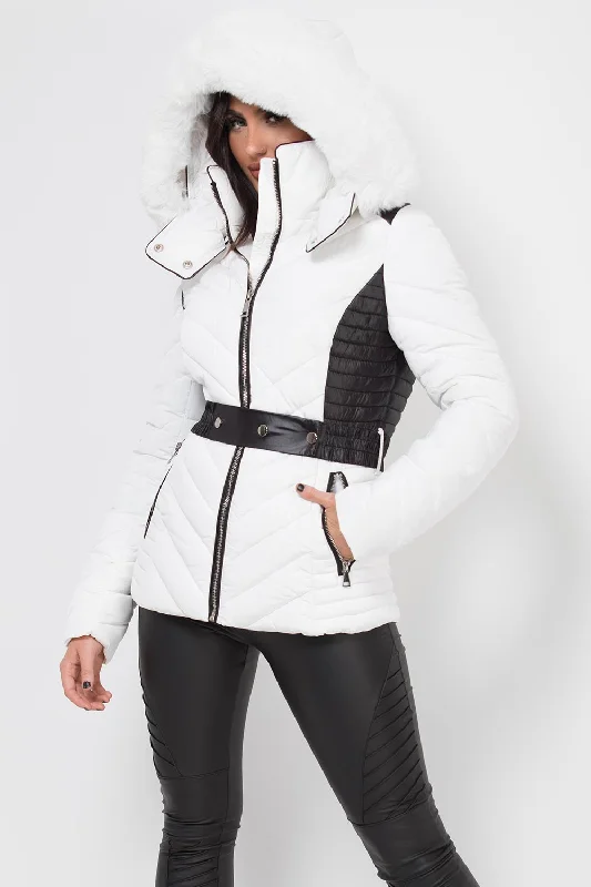 Puffer Quilted Jacket With Faux Fur Hood Belted White