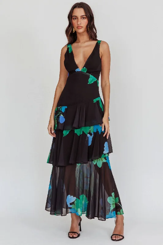 Price Cut Veda Strappy Back Ruffle Maxi Dress Black