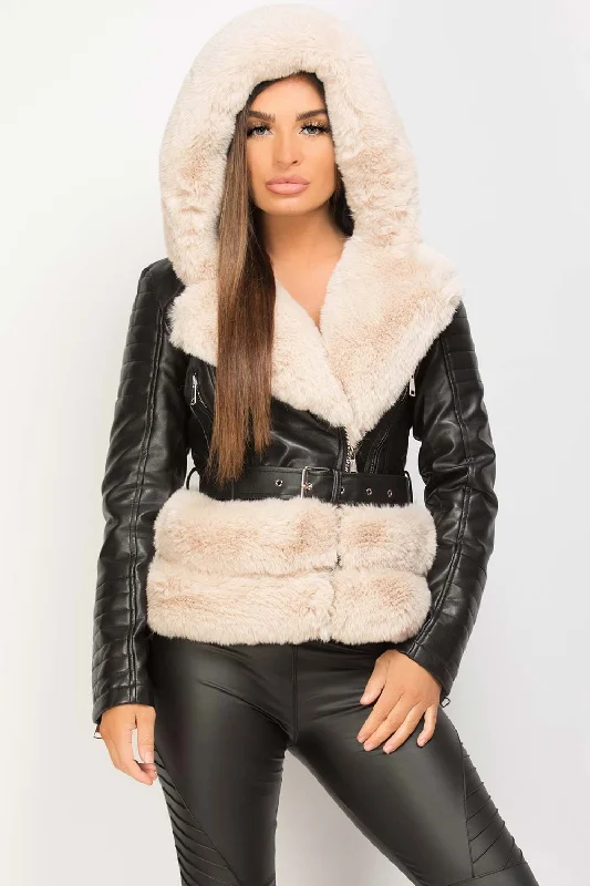 Today’s Special Cream Faux Fur Hooded Faux Leather Belted Jacket