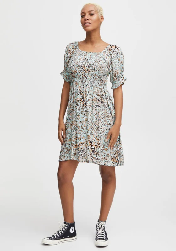 Ichi Printed Mini Smock Dress, Mint Multi