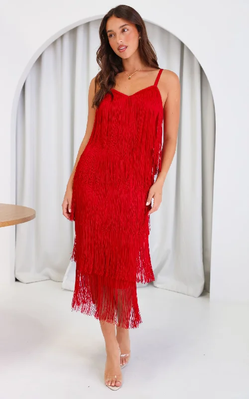 Closeout You Found Me Fringe Tassel Maxi Dress - Red