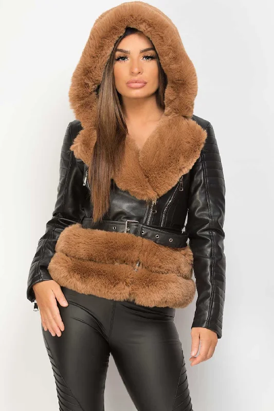 Crazy Savings Brown Faux Fur Hooded Faux Leather Belted Jacket