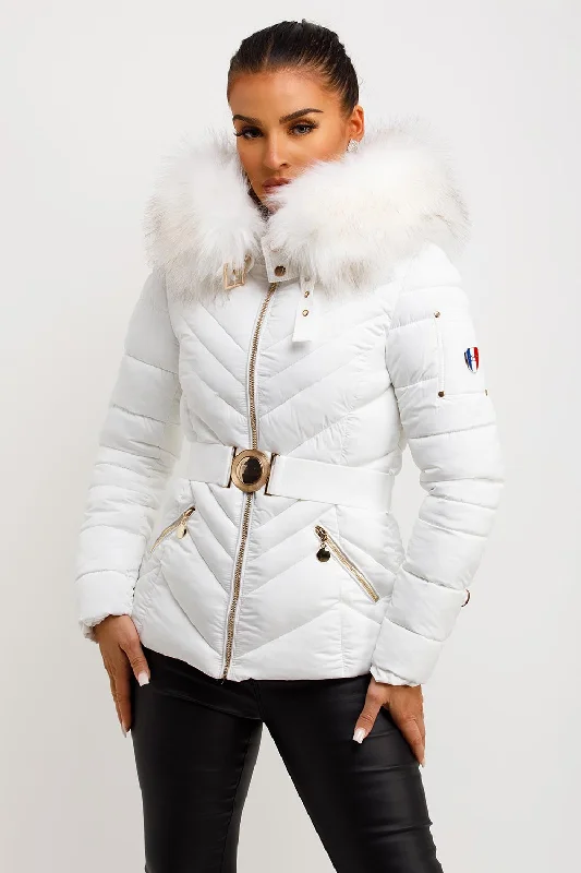 Deal Explosion Puffer Jacket With Fur Hood And Belt White