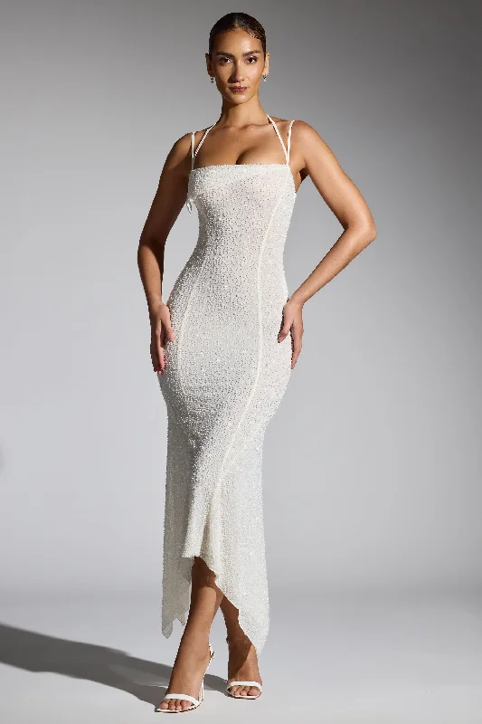 Quick Sale Embellished Handkerchief Hem Maxi Dress in White