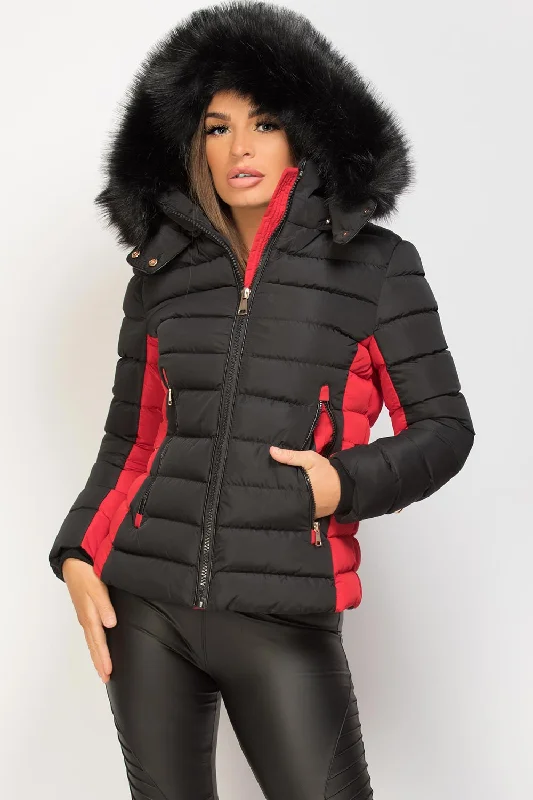 Bargain Blast Puffer Jacket With Faux Fur Hood Black And Red
