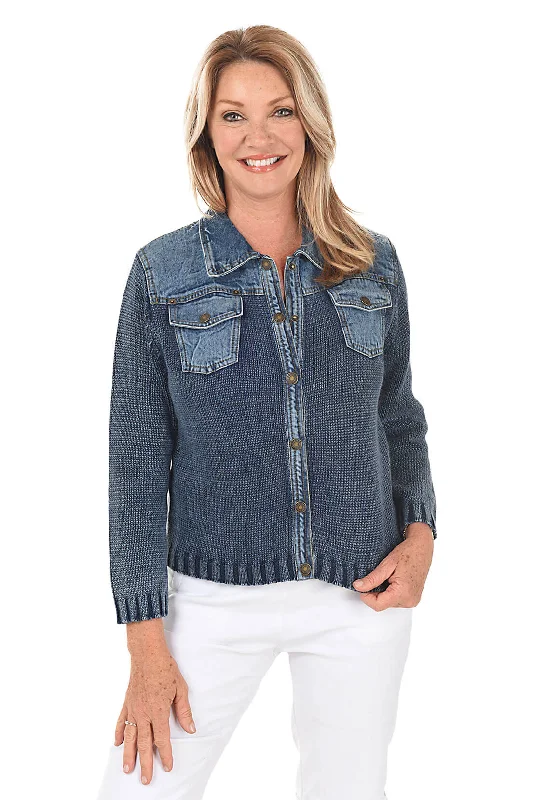 Price Break Button-Front Denim Sweater Jacket