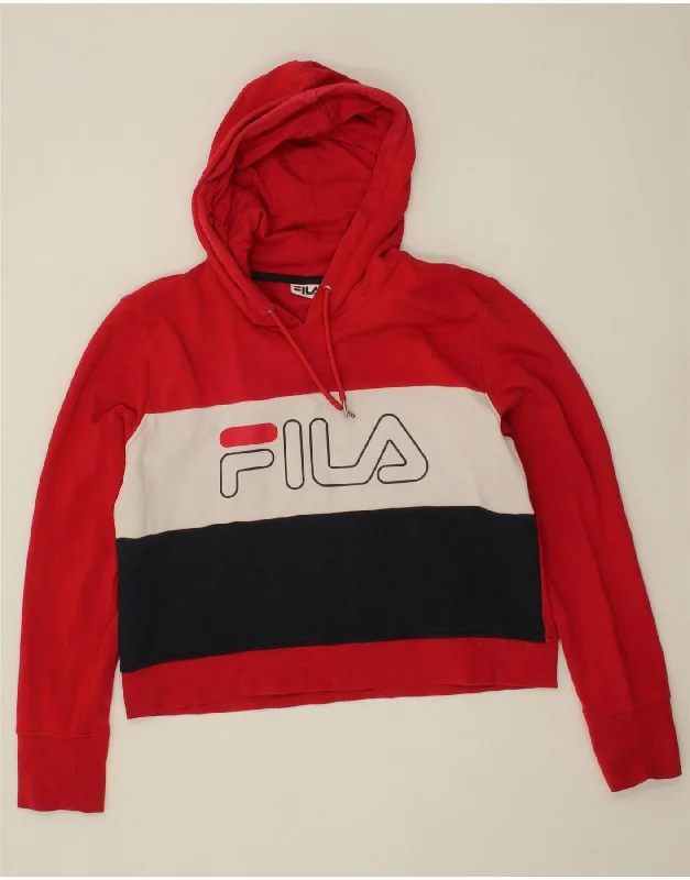 FILA Womens Crop Graphic Hoodie Jumper UK 18 XL Red Colourblock