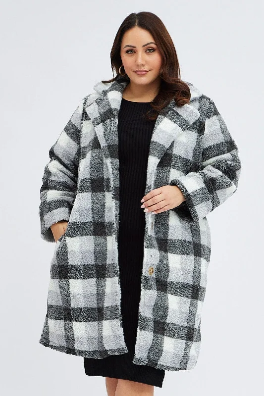 Multi Check Oversized Coat Chunky Plaid Teddy Lined