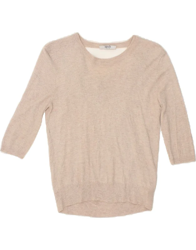 Crazy Deals LIU JO Womens Crop 3/4 Sleeve Boat Neck Jumper Sweater UK 12 Medium Beige