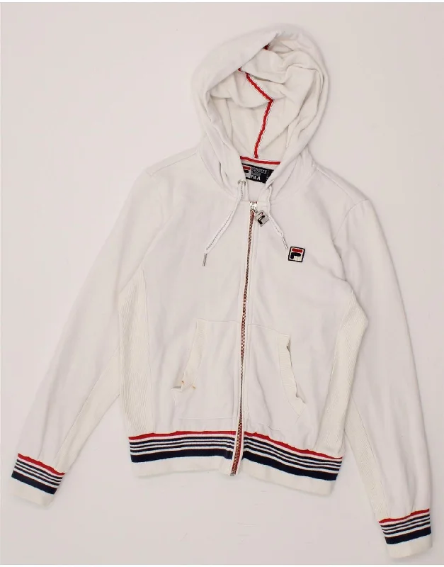Midnight Madness FILA Womens Zip Hoodie Sweater UK 10 Small  White Cotton