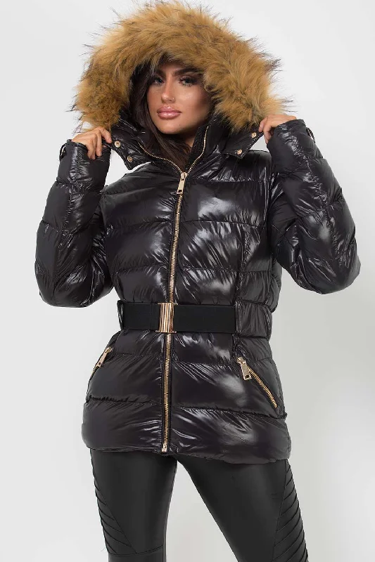 Weekend Special Shiny Puffer Belted Jacket With Faux Fur Hood