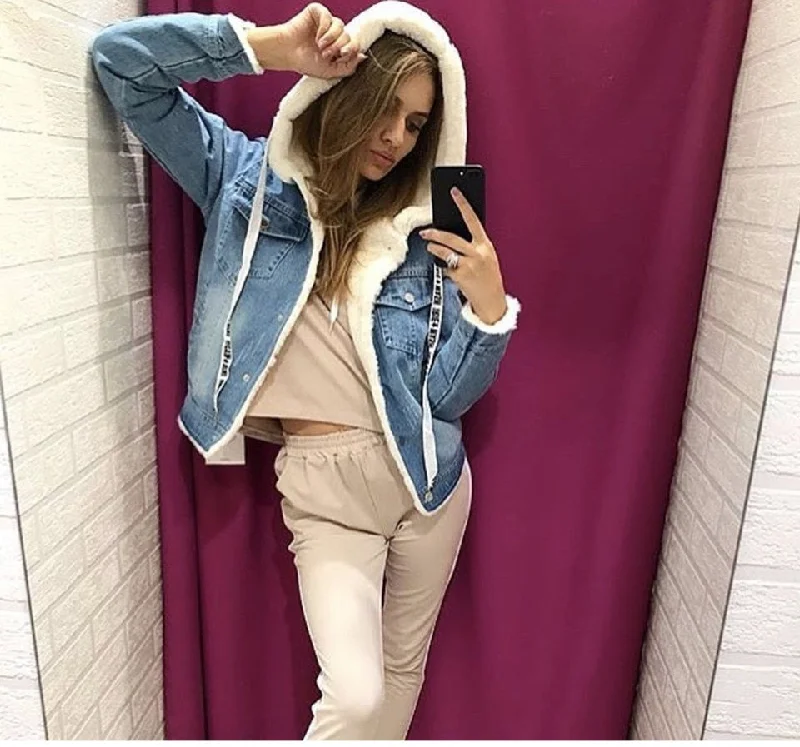 Weekend Deal INITIALDREAM 2019 New Velvet Thick Denim Jacket Outerwear Hooded Single Breasted Winter Warm Women Denim Coat Casual Clothing