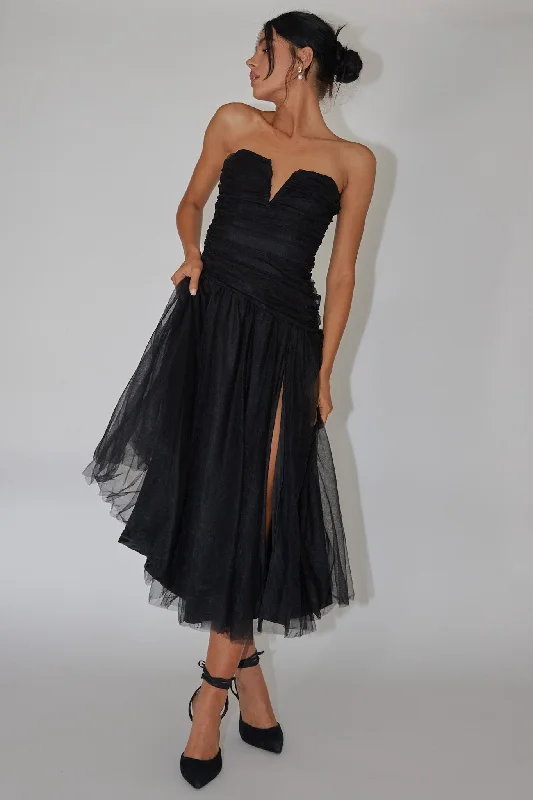 TIME-Limited Offer Daphnie Drop Waist Tulle Midi Dress Black