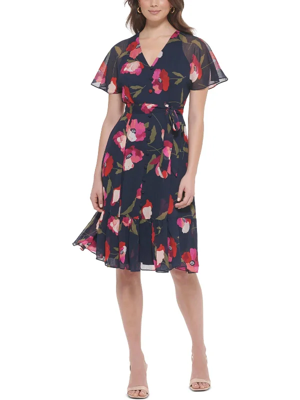 Massive Deals Petites Womens Floral Print Polyester Midi Dress