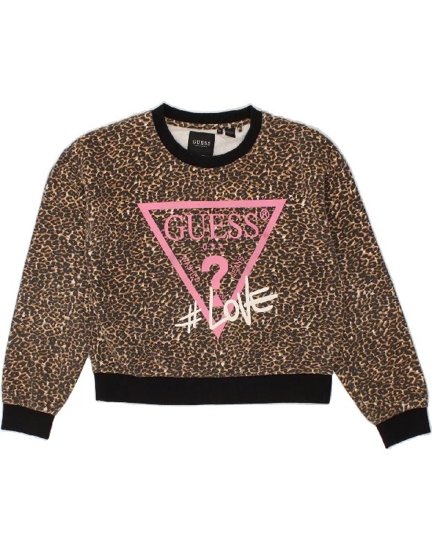 Deal Zone GUESS Womens Graphic Sweatshirt Jumper UK 14 Medium Brown Animal Print
