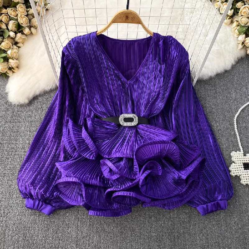 Act Now lantern long-sleeved V-neck shirt for women    S3981