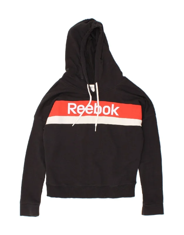 REEBOK Womens Oversized Graphic Hoodie Jumper UK 8/10 Small Black Cotton