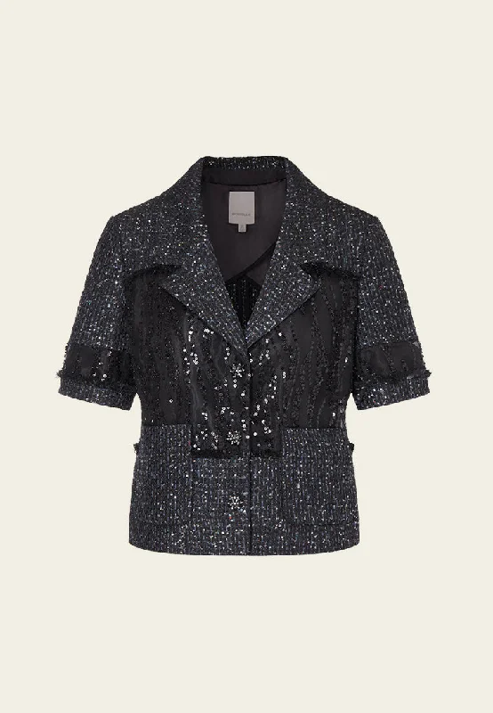Savings Galore Black Shimmer Short Sleeves Tweed Jacket