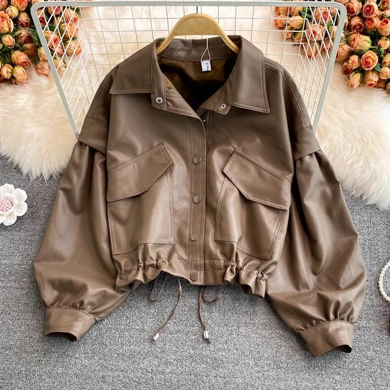 Great Deals Leather Jacket Women's Long Sleeve Casual Short Jacket     S4021