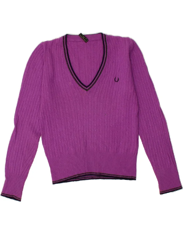 Great Deals FRED PERRY Womens V-Neck Jumper Sweater UK 16 Large Purple Wool