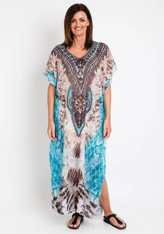 The Serafina Collection One Size Maxi Kaftan Dress, Blue Multi