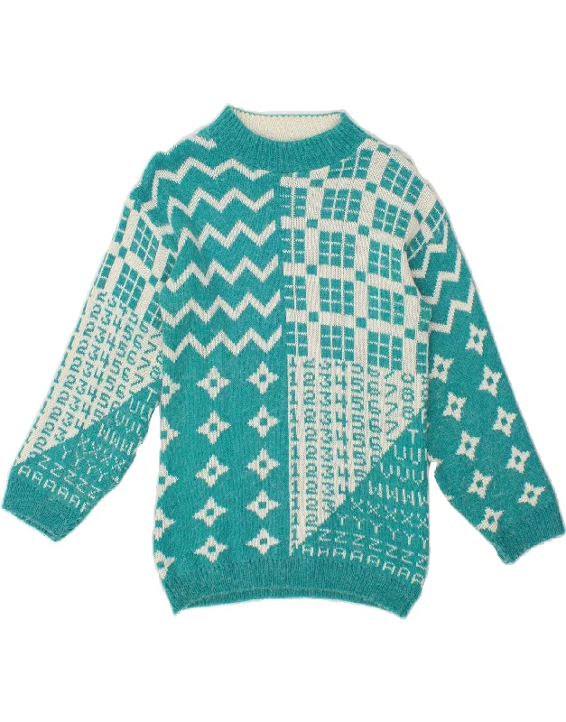 VINTAGE Womens Graphic Turtle Neck Jumper Sweater UK 12 Medium Turquoise