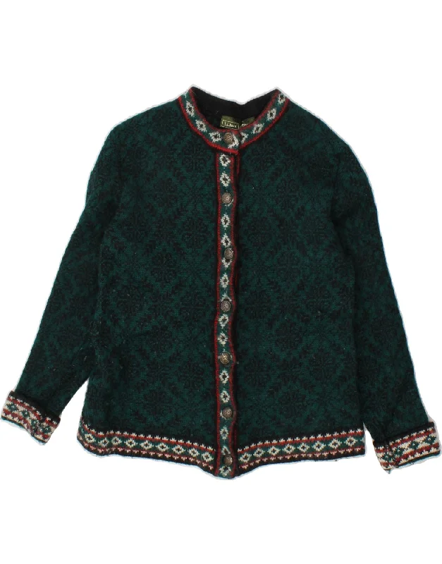The Best Prices L.L.BEAN Womens Cardigan Sweater UK 10 Small Green Fair Isle Merino Wool
