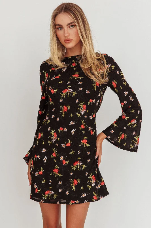 Amazing Deals Thriller Long Sleeve Backless Mini Dress Floral Black