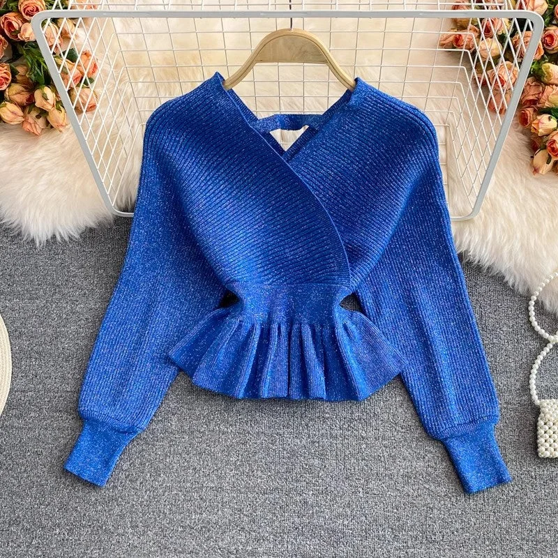 Deal Alert new ruffled short sweater women's V-neck pullover sweater top      S4246