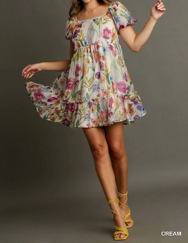 Daily Deals Short Balloon Sleeve Organza Dress In Floral Print