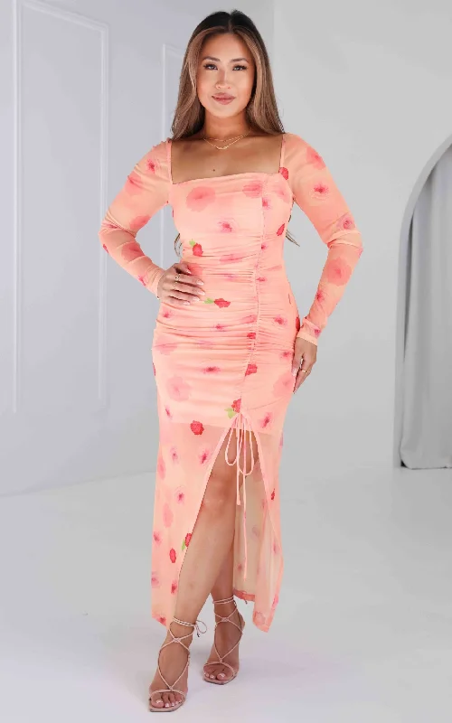 Big Savings Kaisanna Mesh Maxi Dress - Peach Pink Floral