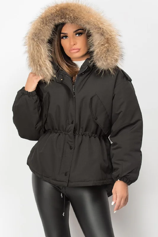 New Markdowns Black Natural Fur Hooded Parka Coat