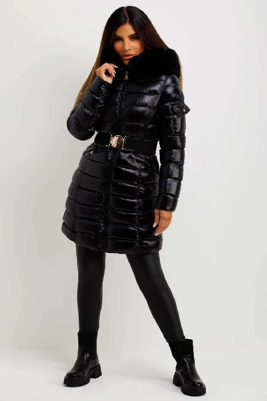 Black Shiny Puffer Coat With Fur Hood